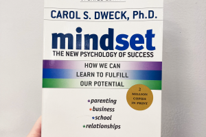 Hand holding white book with blue title: Mindset