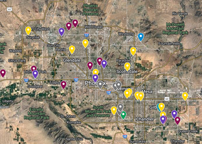 Map of the Phoenix metropolitan area with marked locations of Menlo Group's closed deals in Q1 2022