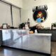 Reception desk with dog decal