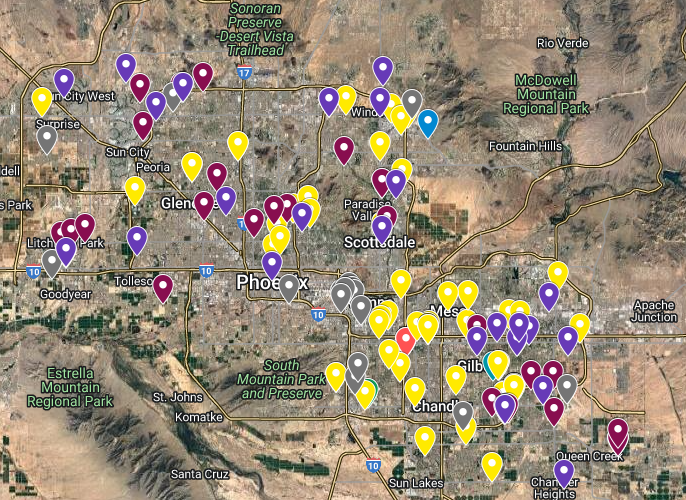 Map of Phoenix Metro will markers where Menlo Group closed deals in 2022